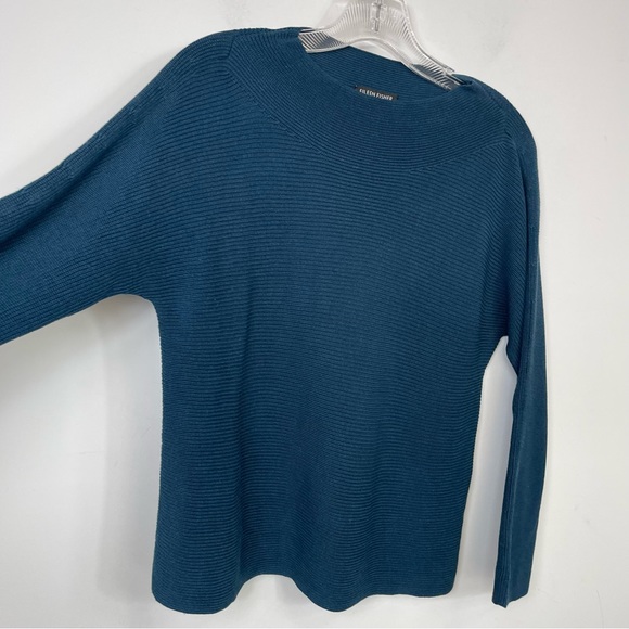 Eileen Fisher Funnel Neck Silk & Organic Cotton Pullover Sweater In Teal XXS - Picture 7 of 13